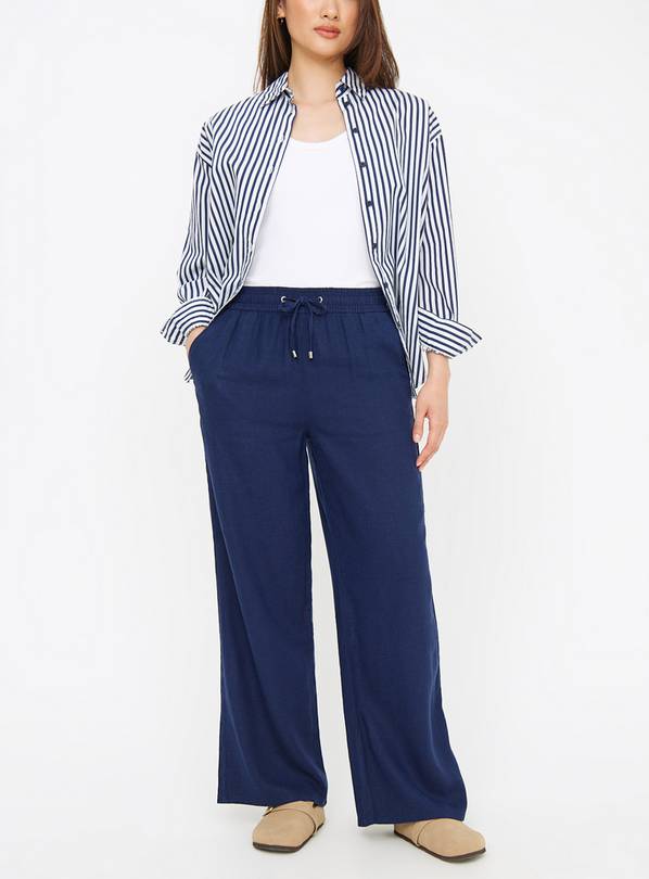 Navy Casual Linen Blend Wide Leg Trousers  10