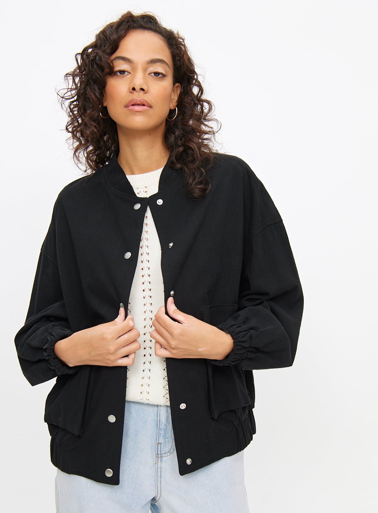 Black Linen Look Bomber Jacket 22