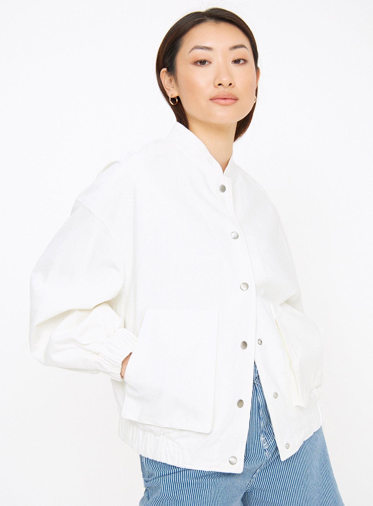 White Linen Look Bomber Jacket 8