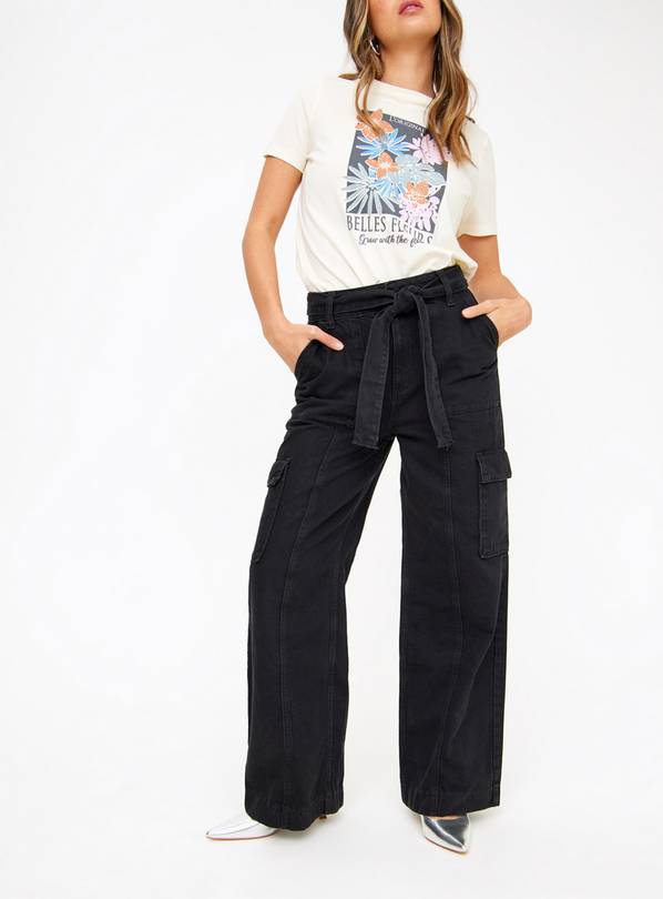 Black Belted Wide Leg Cargo Denim Jeans 22L