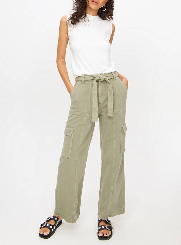 Khaki Belted Wide Leg Cargo Denim Jeans 18S