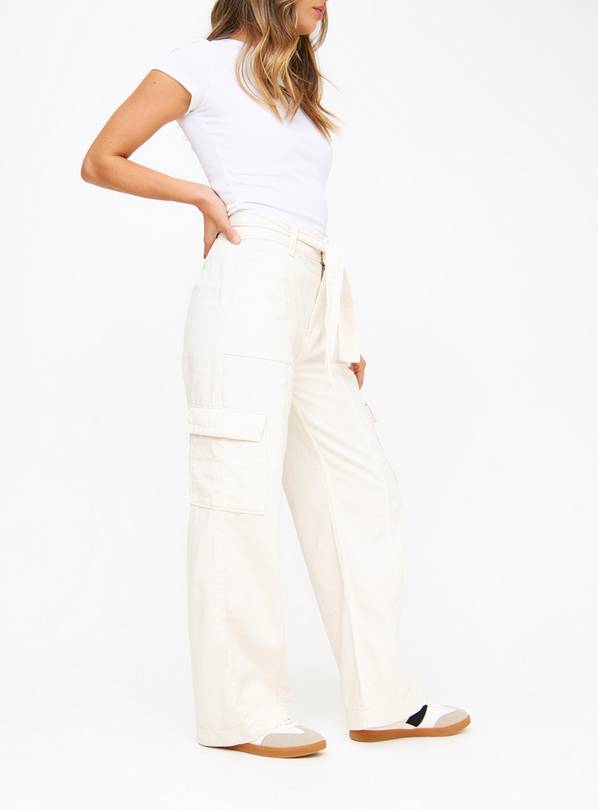 Neutral Belted Wide Leg Cargo Denim Jeans  14L
