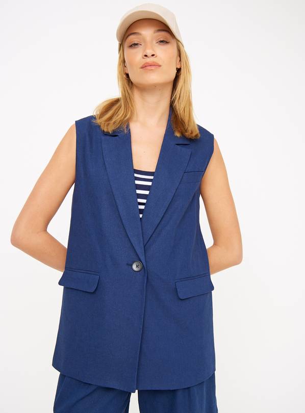 Navy Linen Blend Coord Sleeveless Blazer 24