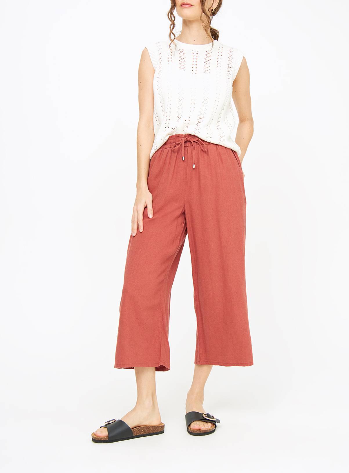Rust Linen Blend Cropped Wide Leg Trousers 22 - Image 1