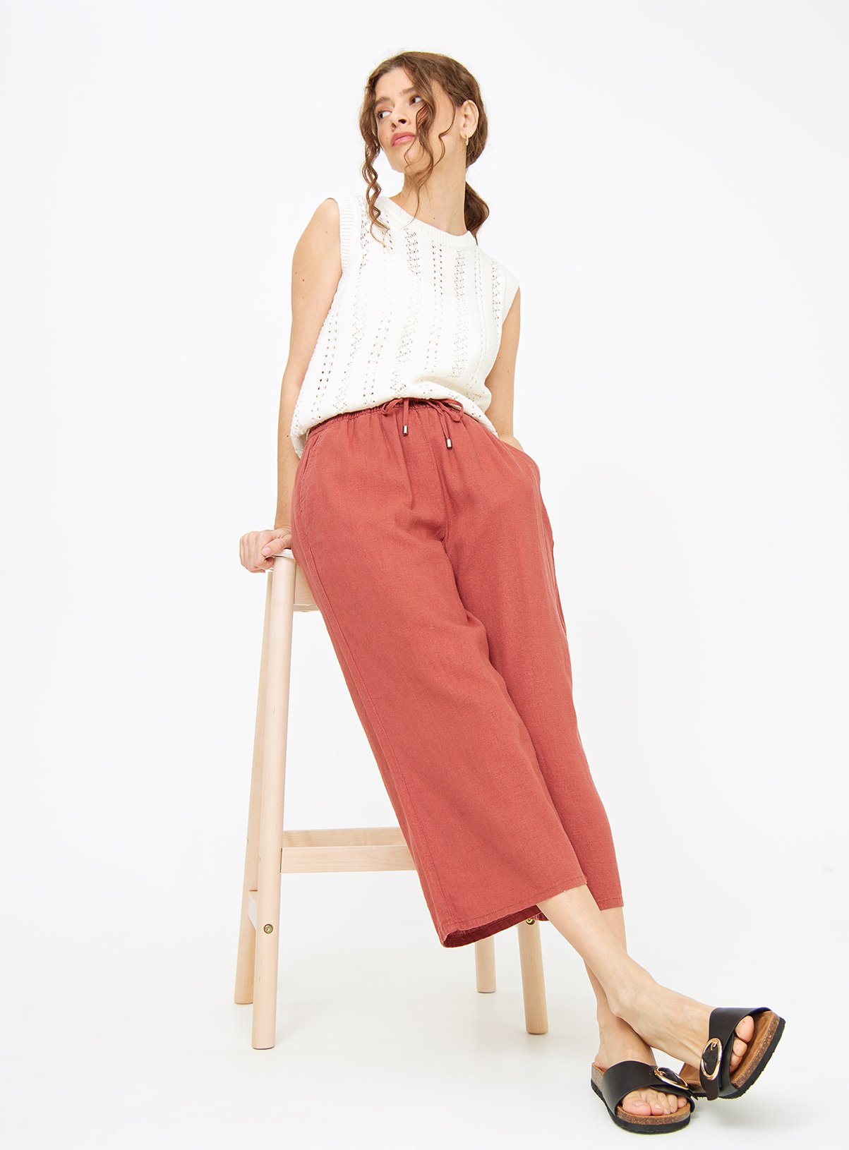 Rust Linen Blend Cropped Wide Leg Trousers 22 - Image 2 thumbnail