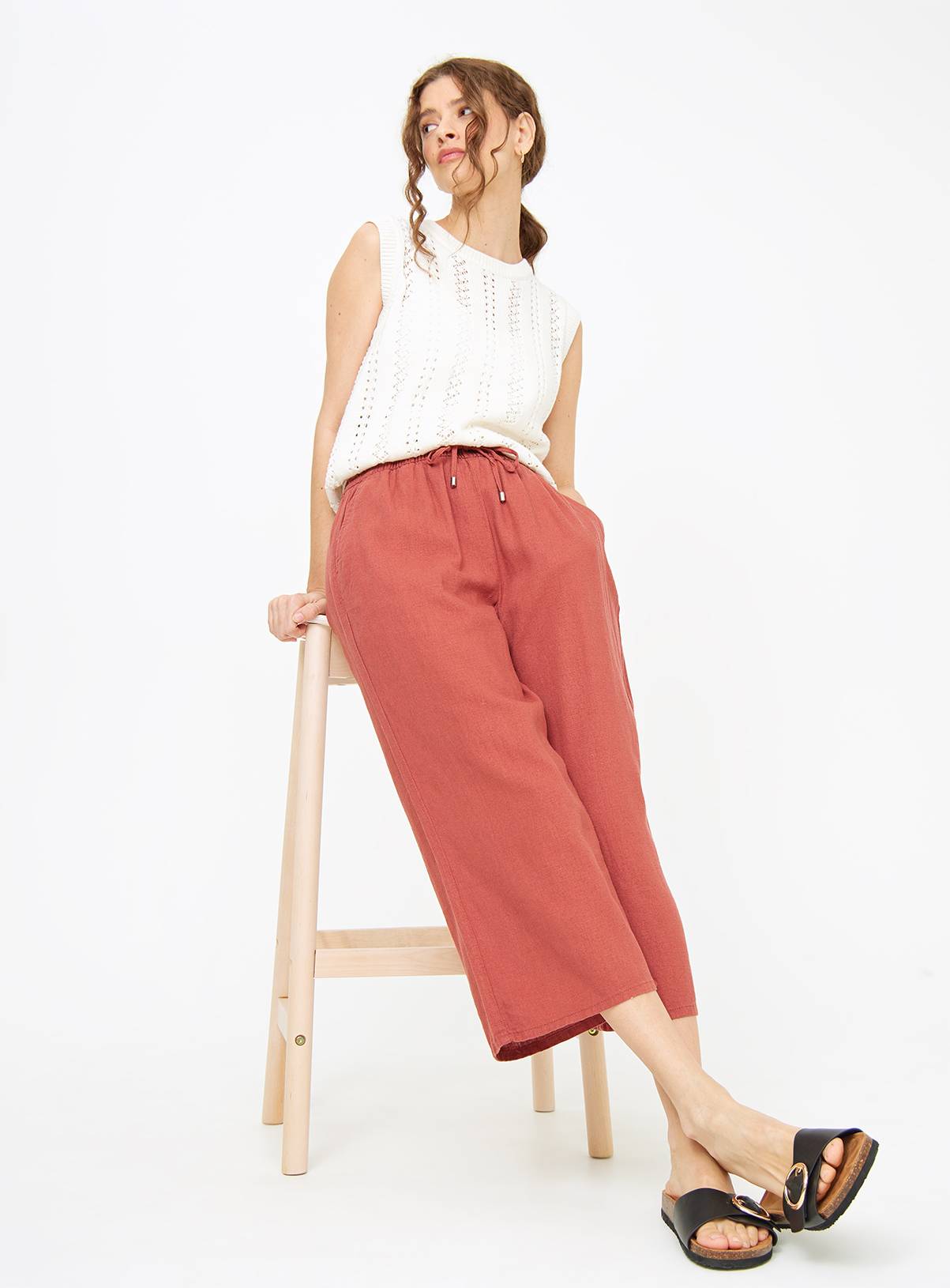 Rust Linen Blend Cropped Wide Leg Trousers 22 - Image 2
