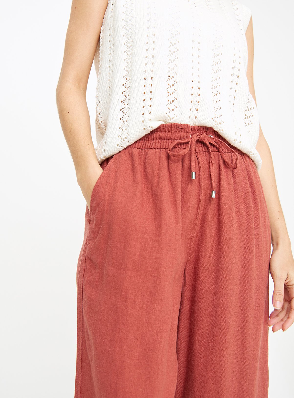 Rust Linen Blend Cropped Wide Leg Trousers 22 - Image 3 thumbnail