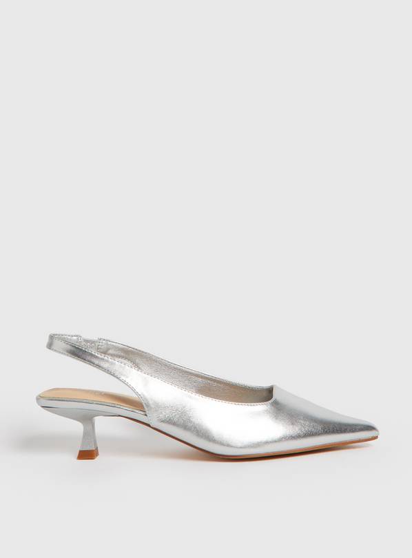 Metallic Silver Slingback Kitten Heels 6