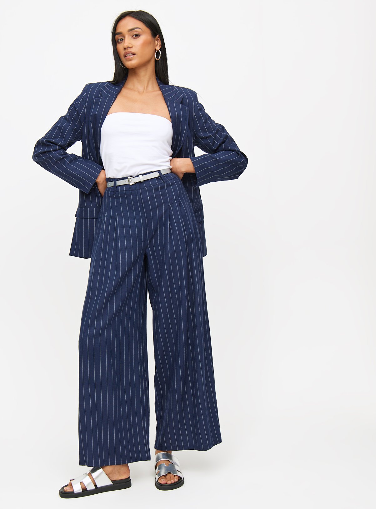Navy Pinstripe Ultra Wide Leg Linen Blend Coord Trousers 18L - Image 2 thumbnail