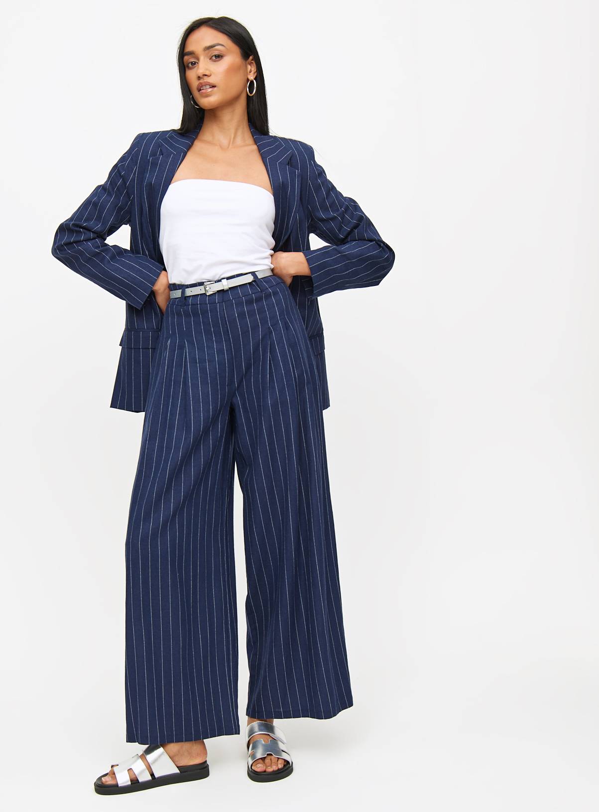 Navy Pinstripe Ultra Wide Leg Linen Blend Coord Trousers 18L - Image 2