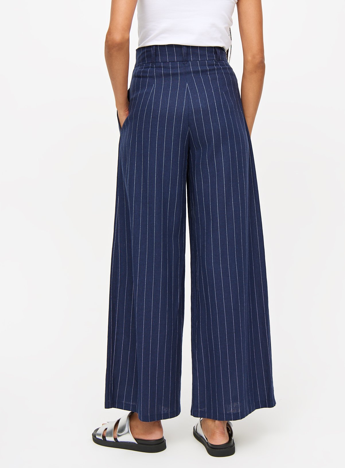 Navy Pinstripe Ultra Wide Leg Linen Blend Coord Trousers 18L - Image 4 thumbnail