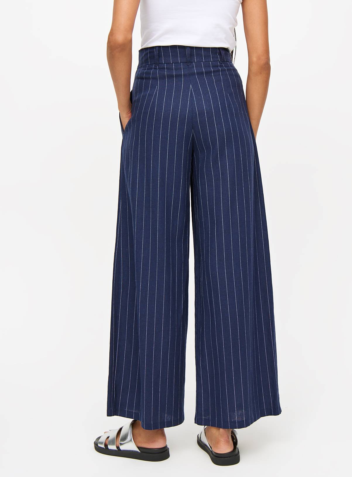 Navy Pinstripe Ultra Wide Leg Linen Blend Coord Trousers 18L - Image 4