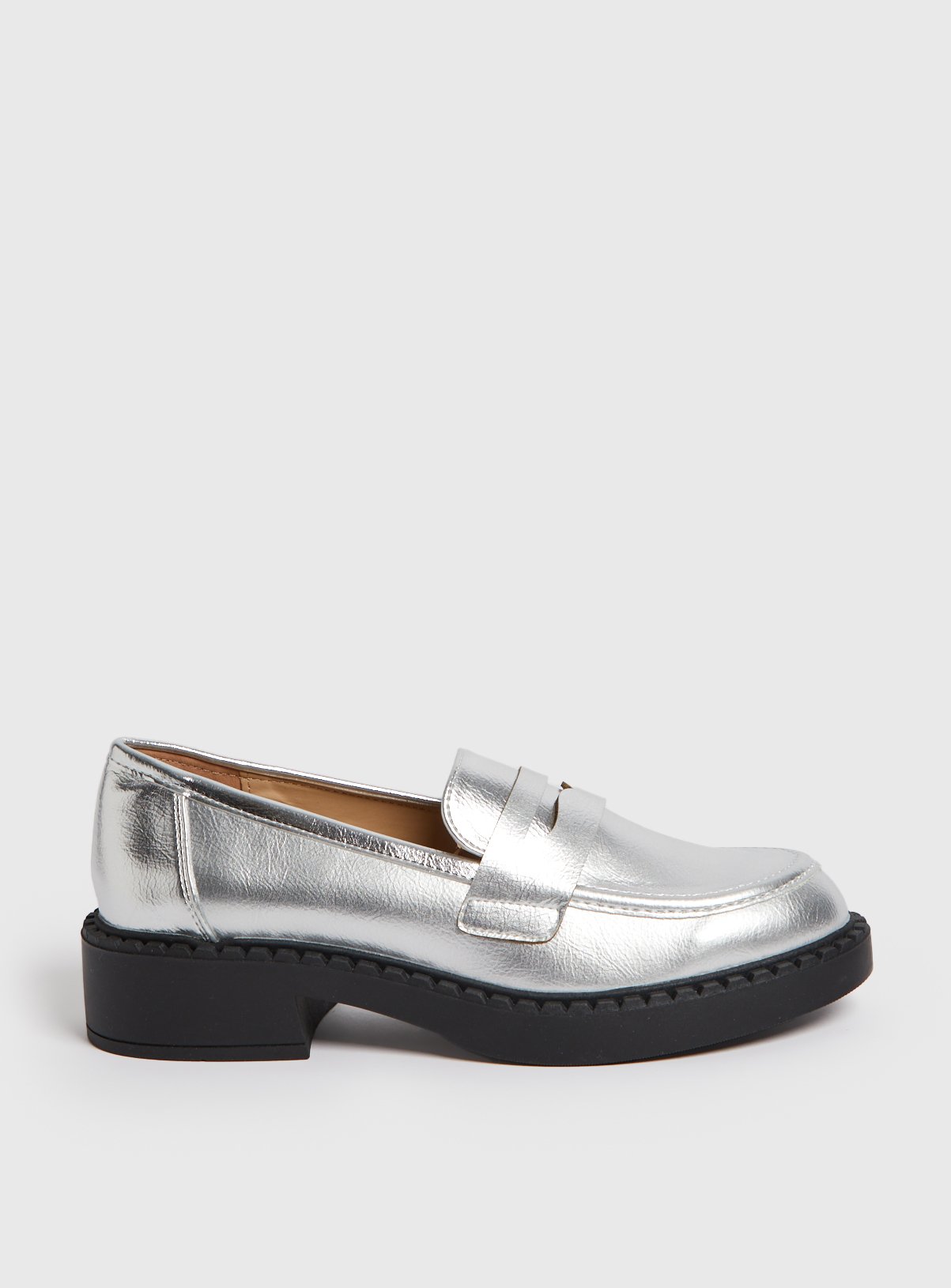 Metallic Silver Faux Leather Loafers