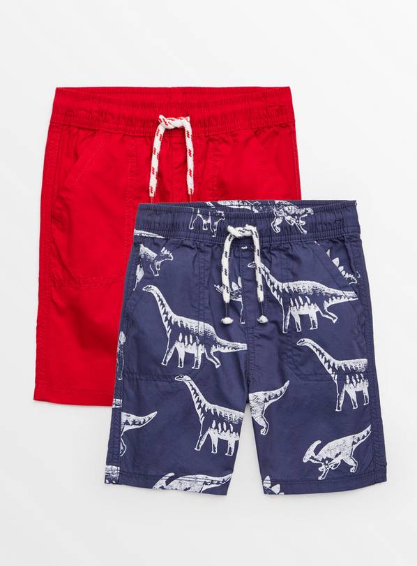 Navy Dino Print & Red Poplin Shorts 2 Pack 1-2 years