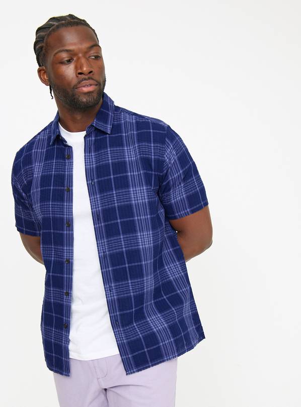 Blue Grid Check Seersucker Short Sleeve Shirt XL