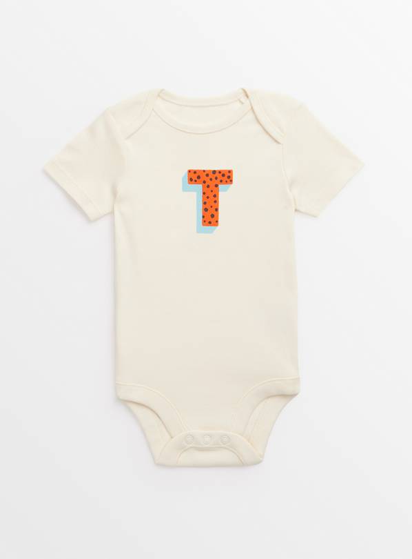 Cream 'T' Initial Short Sleeve Bodysuit  Up to 1 mth