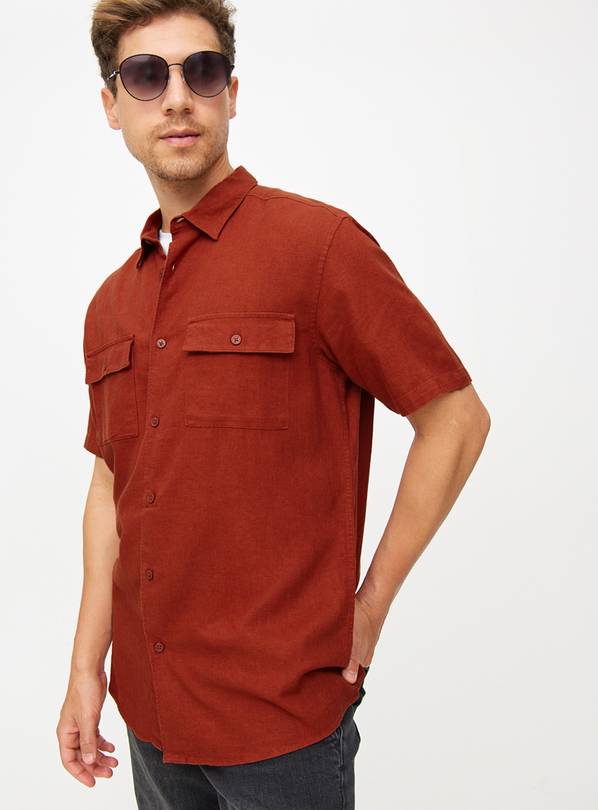 Rust Linen Blend Short Sleeve Utility Shirt M