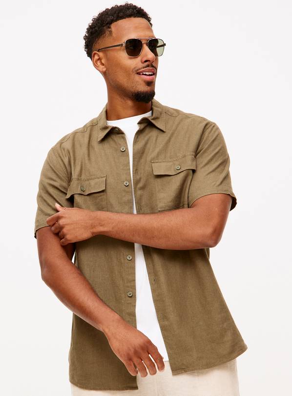 Khaki Linen Blend Short Sleeve Utility Shirt L