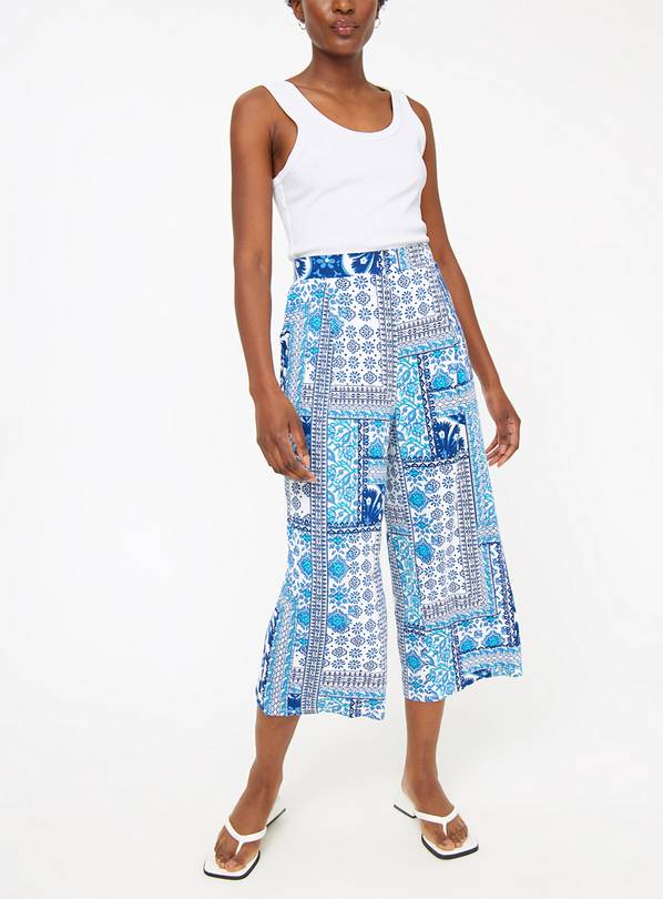 Blue Tile Printed Wide Leg Cropped Trousers 20