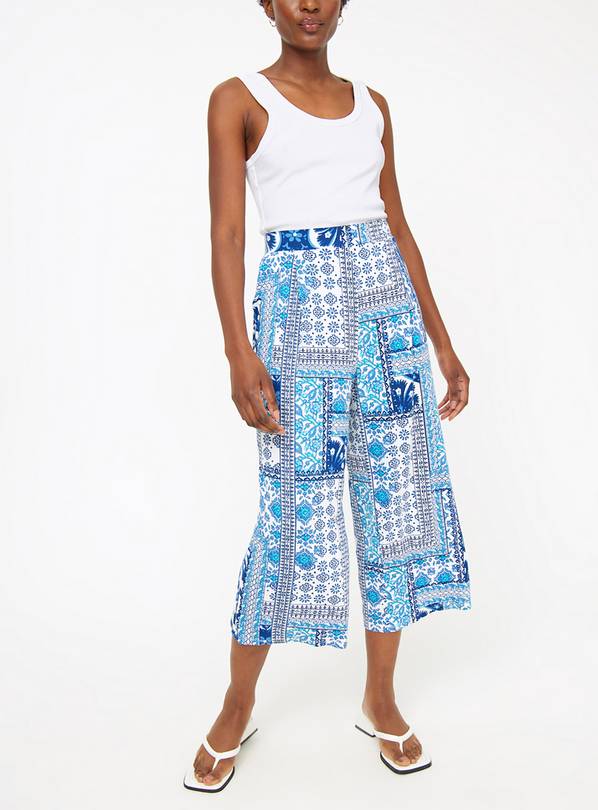 Blue Tile Printed Wide Leg Cropped Trousers 14