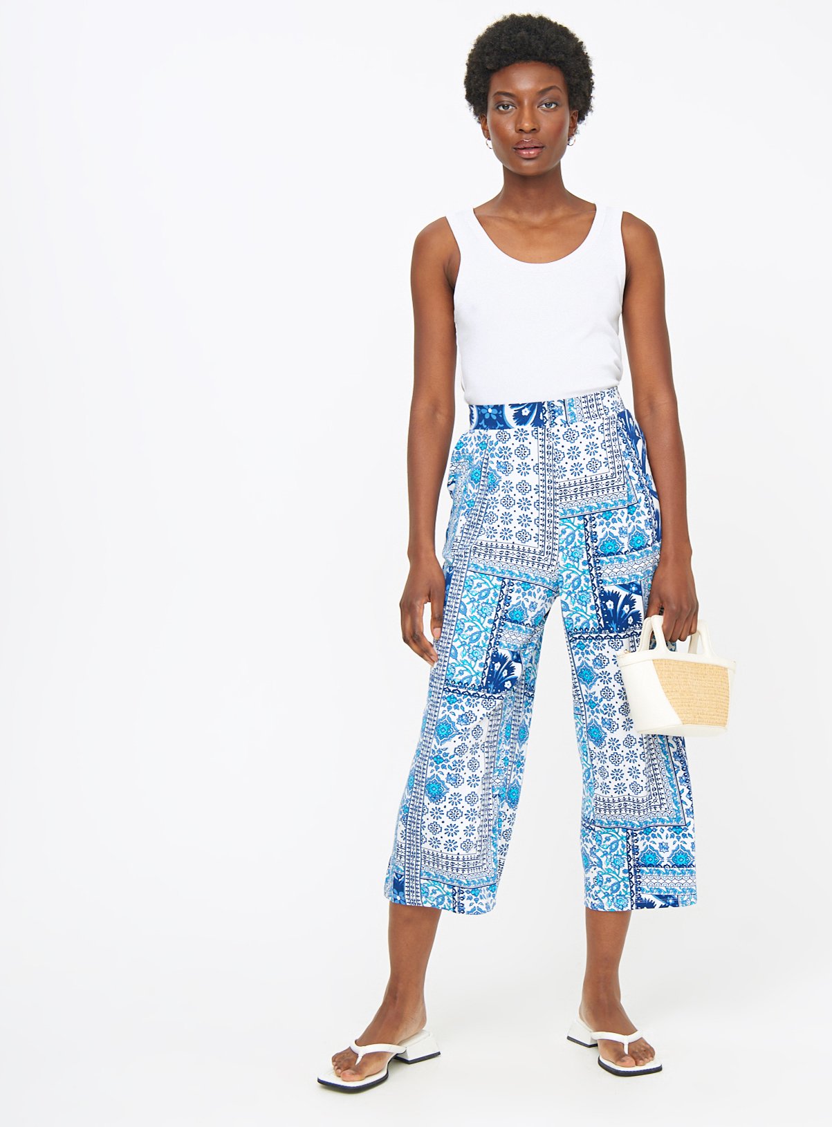 Blue Tile Printed Wide Leg Cropped Trousers 18 - Image 3 thumbnail