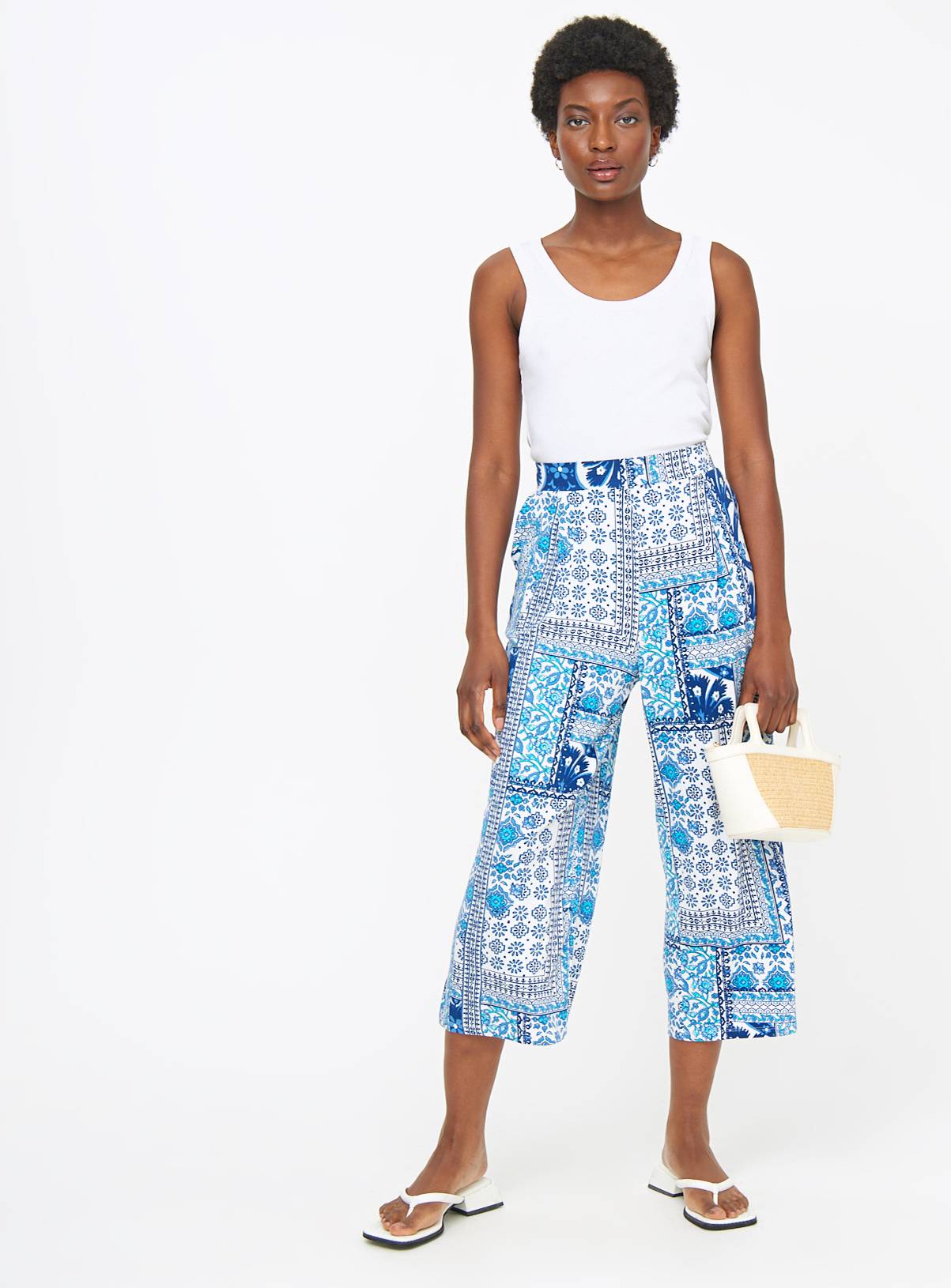 Blue Tile Printed Wide Leg Cropped Trousers 18 - Image 3