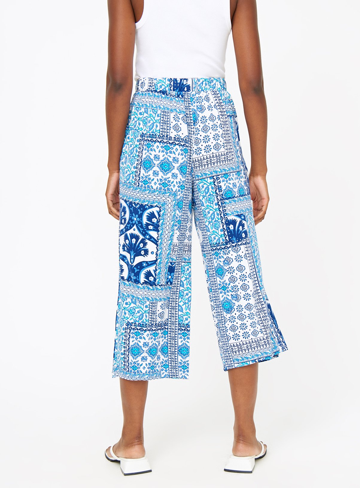 Blue Tile Printed Wide Leg Cropped Trousers 18 - Image 4 thumbnail