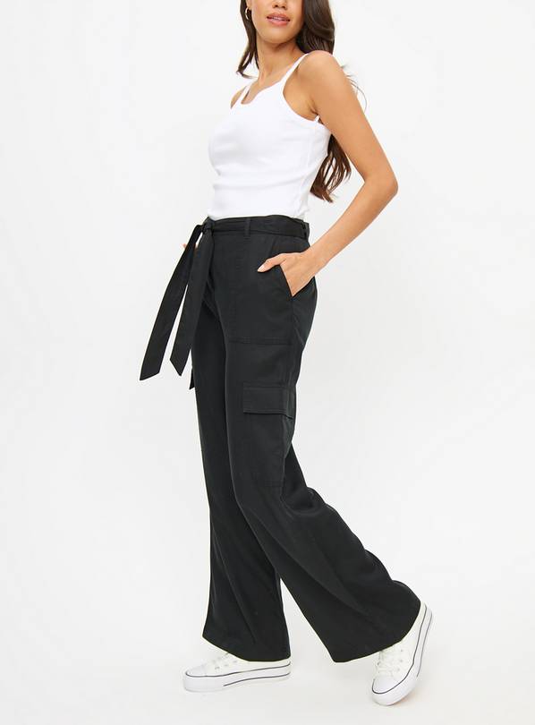 Black Tencel Belted Cargo Wide Leg Trousers  10S