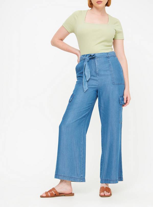 Blue Tencel Belted Cargo Wide Leg Trousers  14L