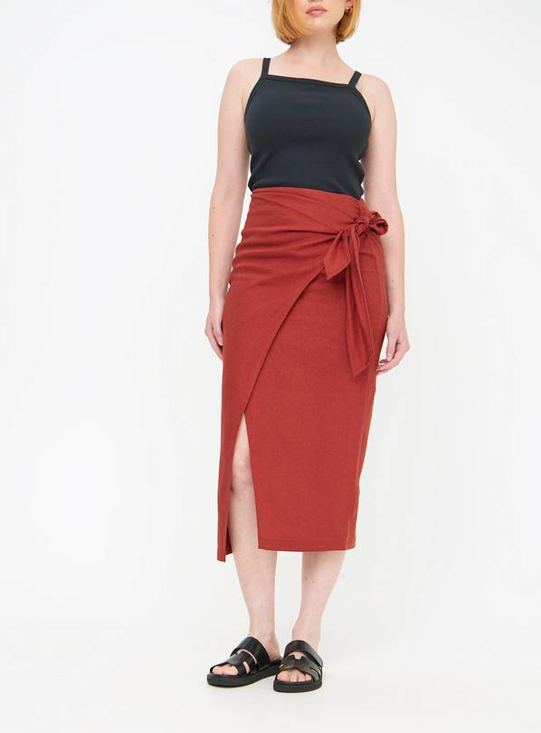Rust Linen Blend Wrap Midaxi Skirt 20