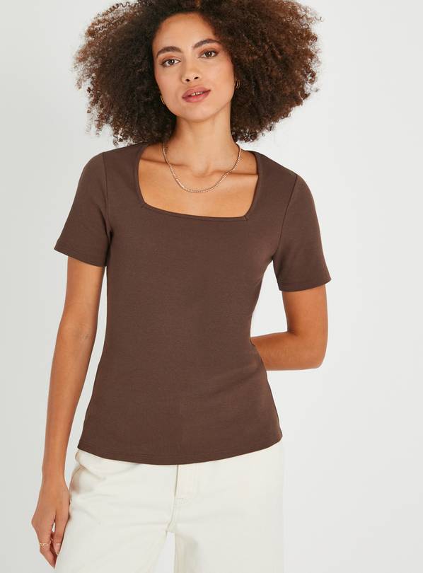 Brown Square Neck Short Sleeve Top 26