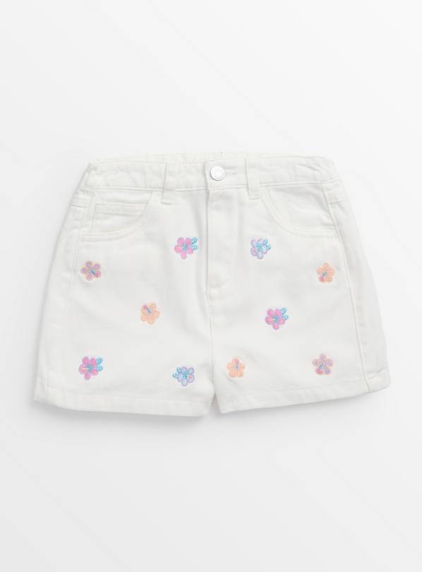 White Floral Embroidered Denim Shorts 11 years