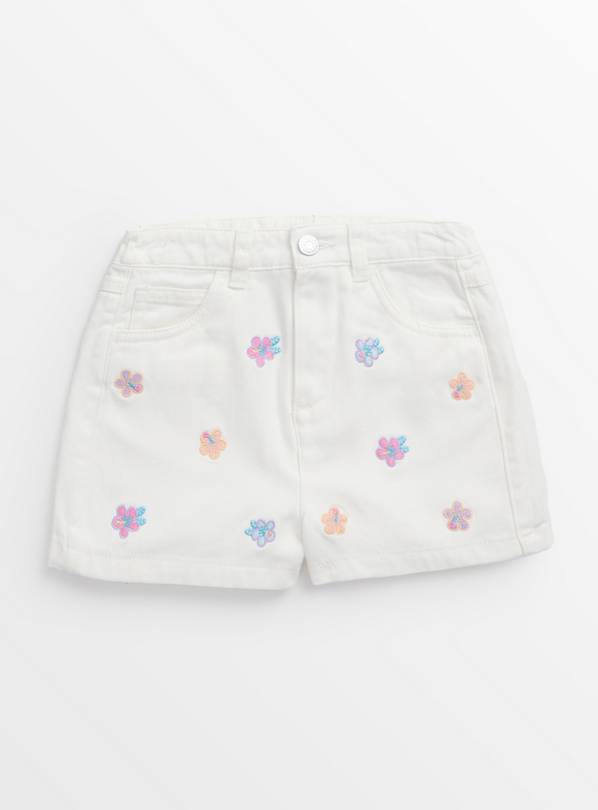 White Floral Embroidered Denim Shorts 13 years