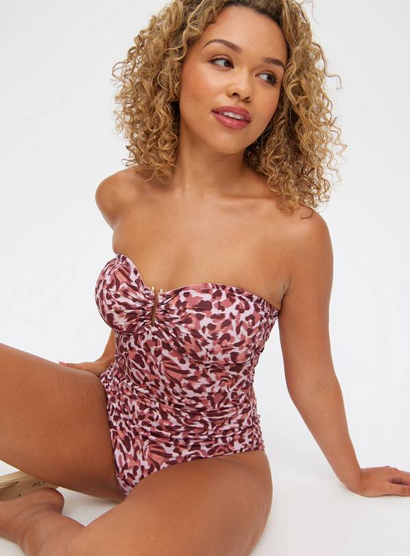 Pink Animal Print Ruched Bandeau Swimsuit 10