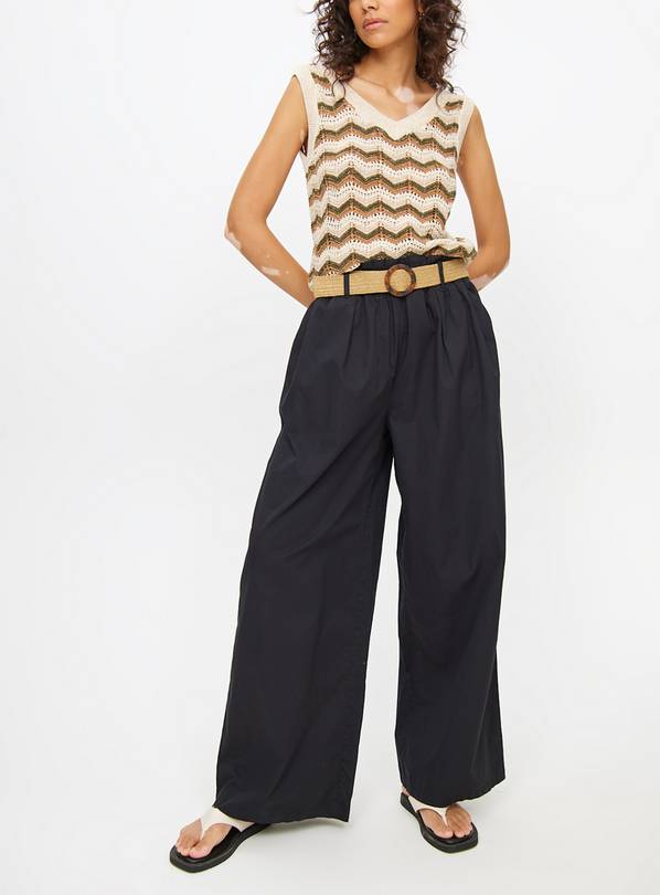 Black Belted Ultra Wide Leg Poplin Trousers  20