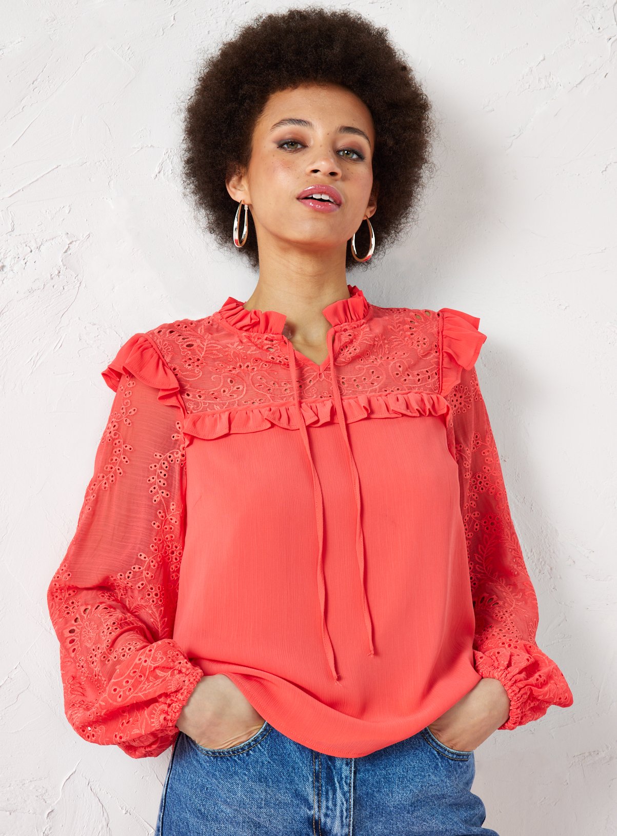 EVERBELLE Coral Broderie Chiffon Tie Neck Blouse 6 - Image 1 thumbnail