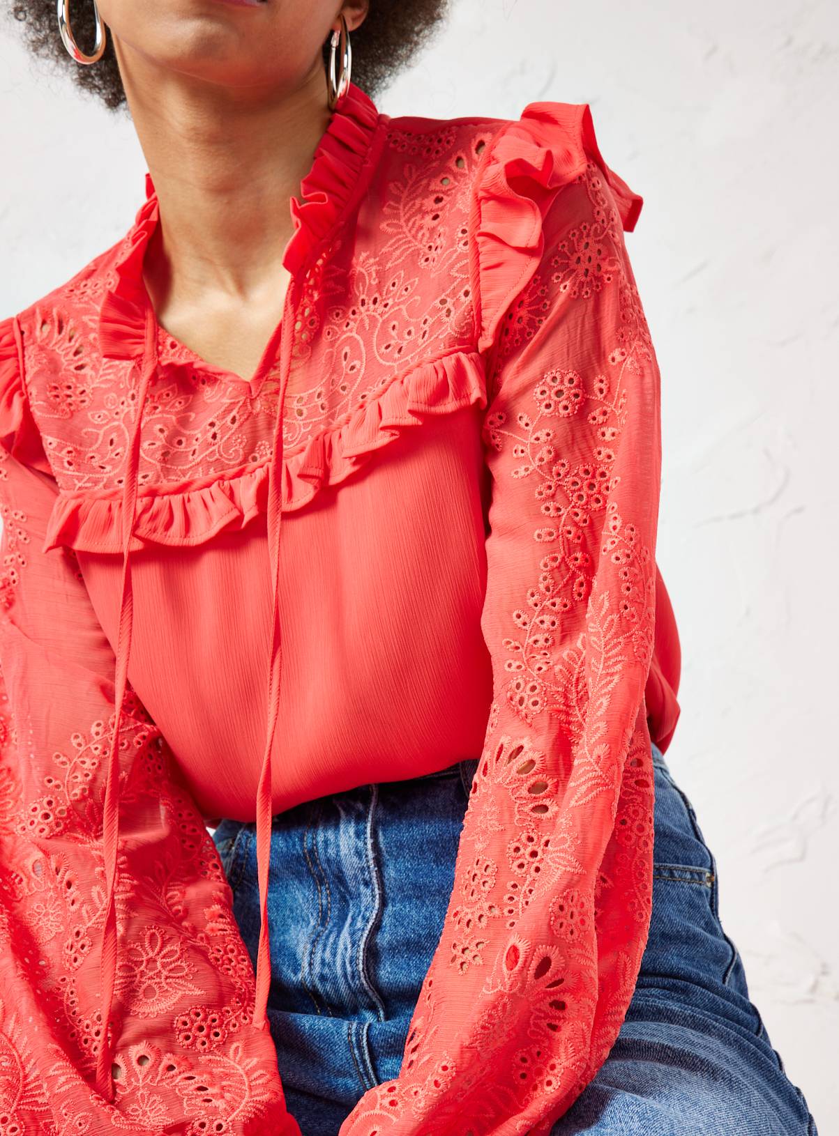 EVERBELLE Coral Broderie Chiffon Tie Neck Blouse 6 - Image 2