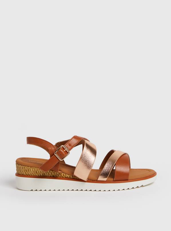 Tan & Gold Strappy Wedge Sandals 6
