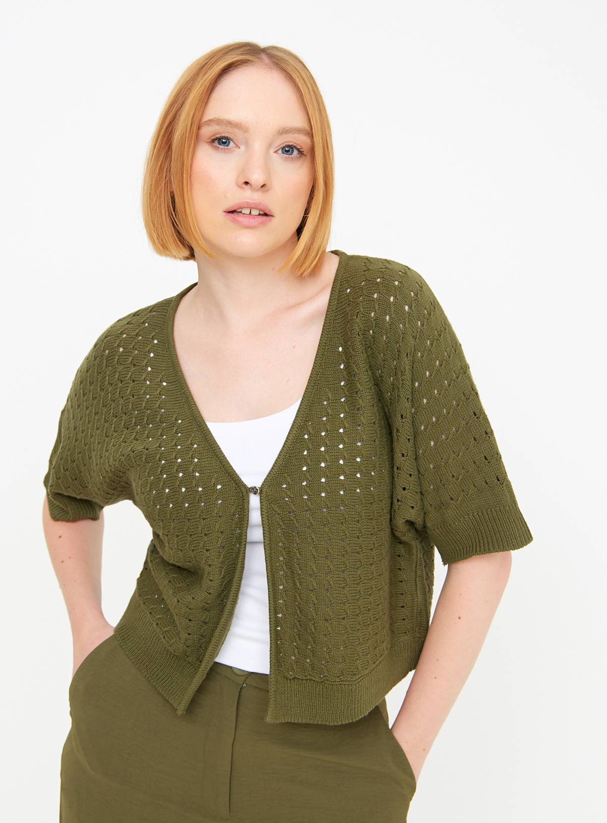 Khaki Pointelle Short Sleeve Cardigan  20 - Image 1