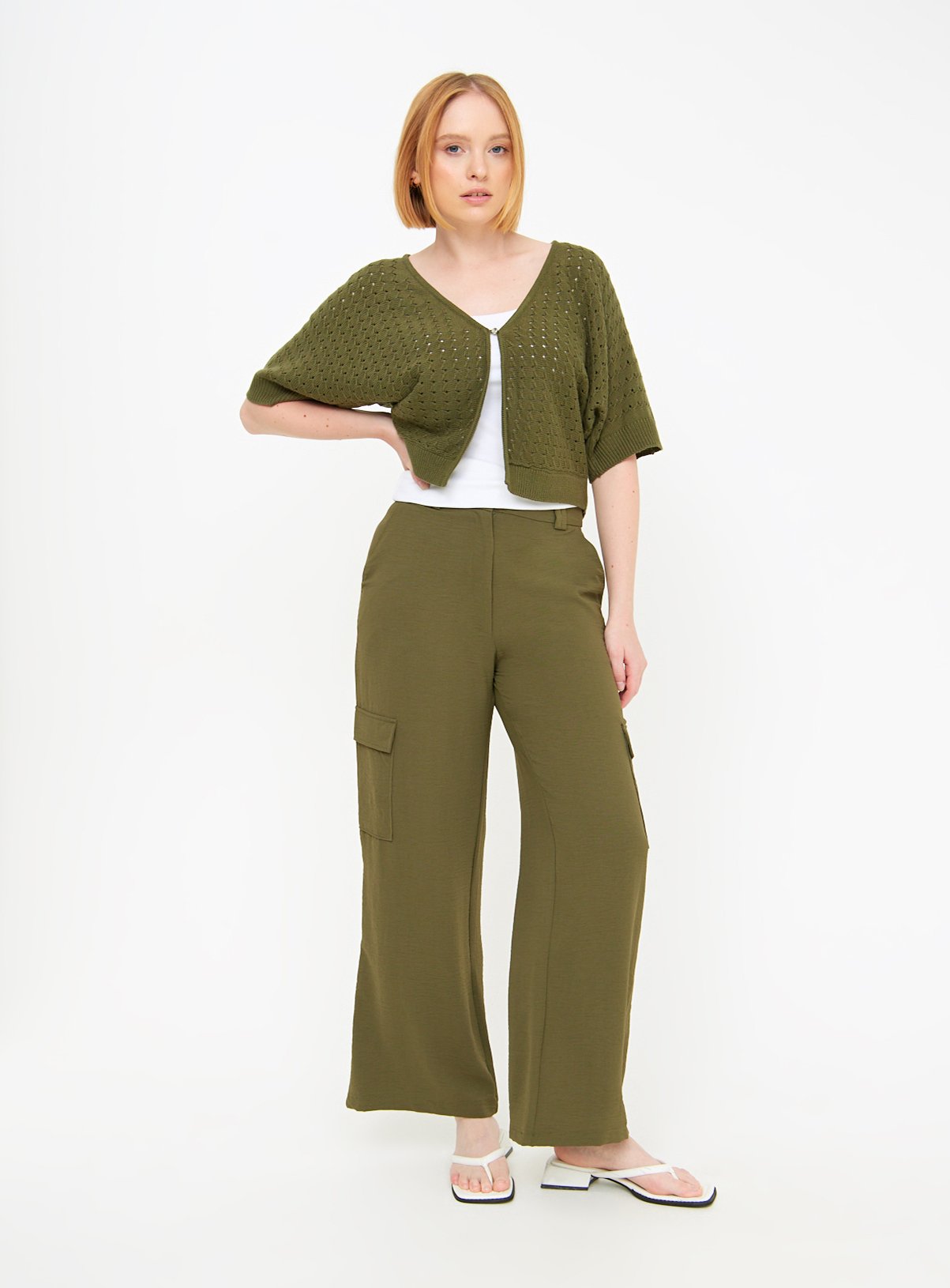Khaki Pointelle Short Sleeve Cardigan  20 - Image 2 thumbnail
