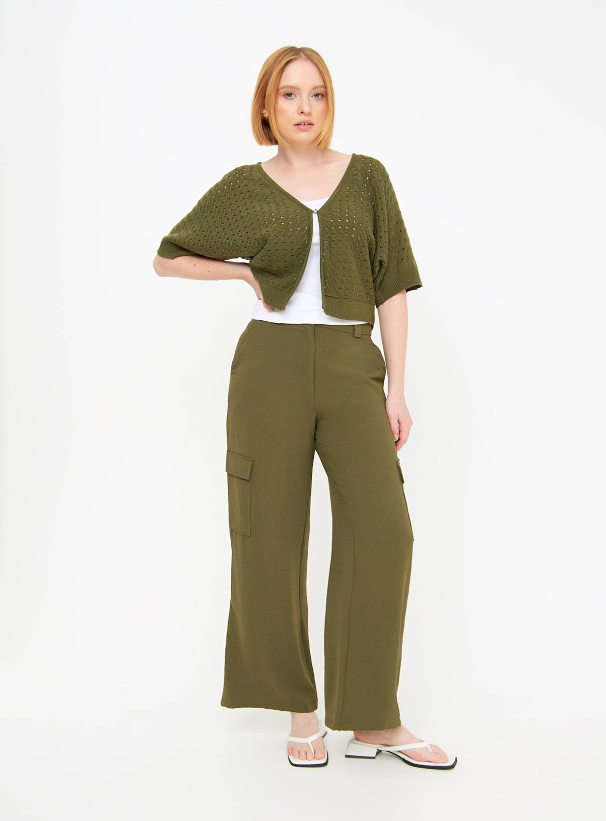 Khaki Pointelle Short Sleeve Cardigan  20 - Image 2