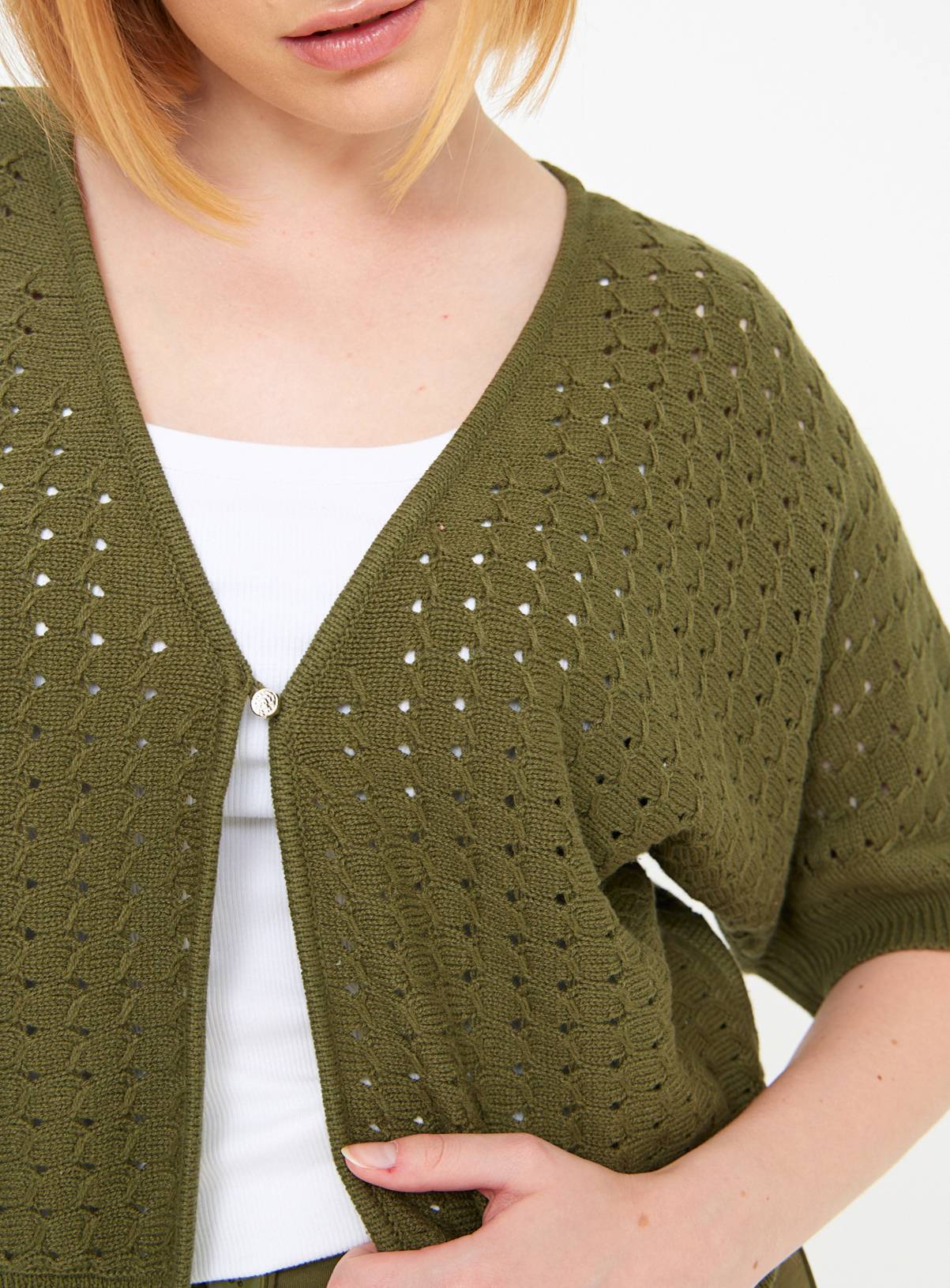 Khaki Pointelle Short Sleeve Cardigan  20 - Image 3