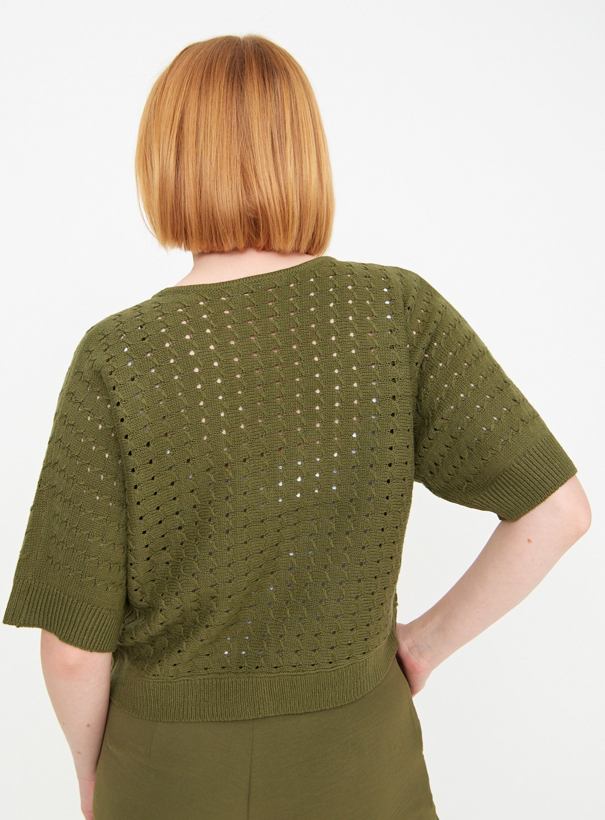 Khaki Pointelle Short Sleeve Cardigan  20 - Image 4 thumbnail