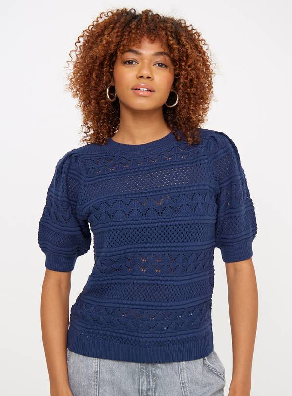 Navy Pointelle Volume Sleeve Top 8