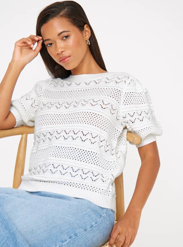 White Pointelle Volume Sleeve Top 24