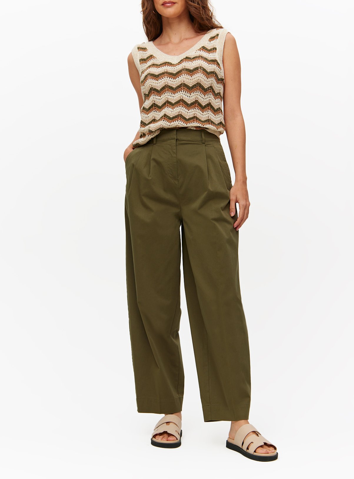 Khaki Barrel Leg Chino Trousers 24S - Image 1 thumbnail