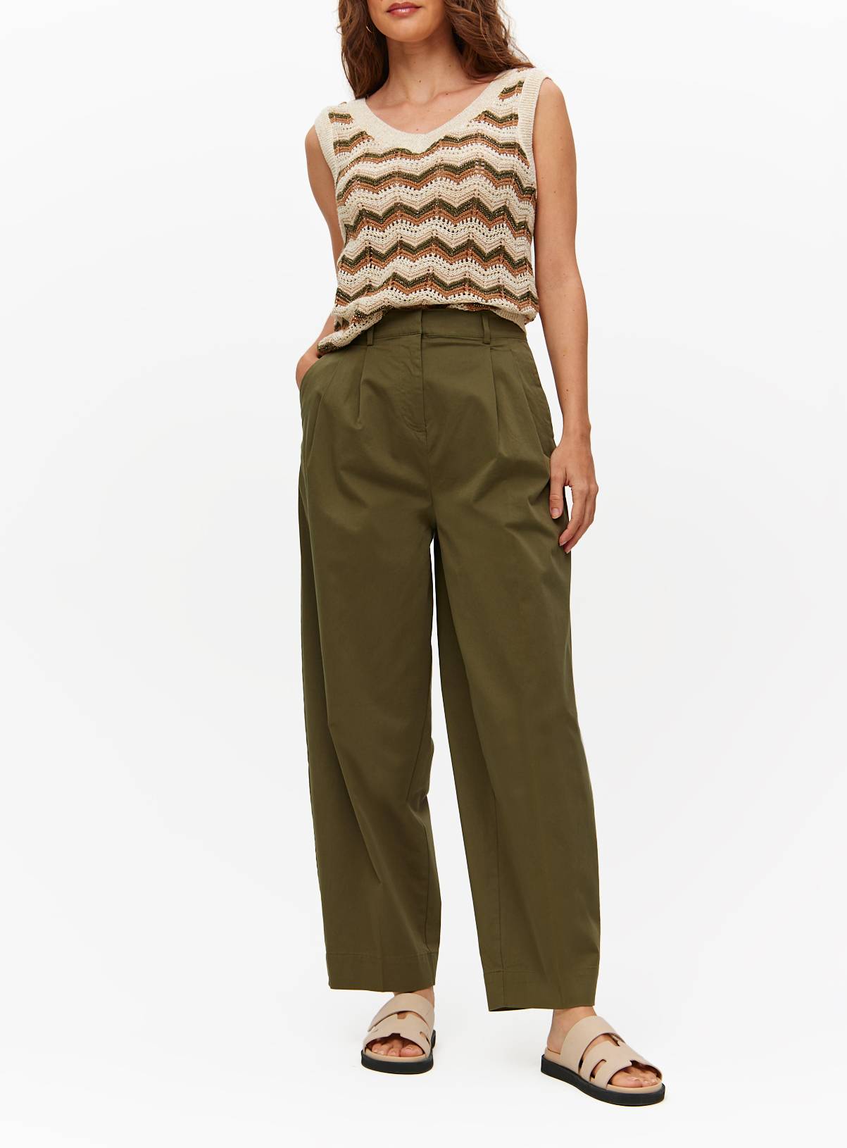 Khaki Barrel Leg Chino Trousers 24S - Image 1