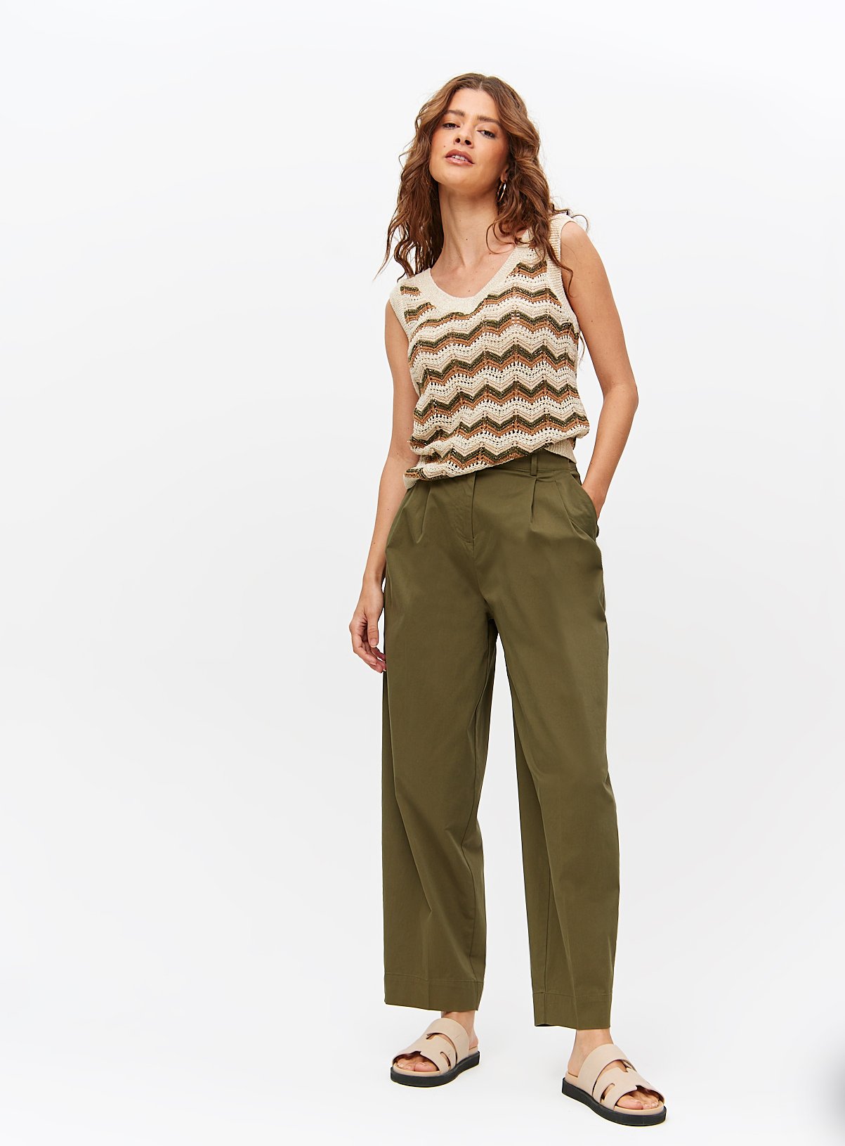 Khaki Barrel Leg Chino Trousers 24S - Image 2 thumbnail