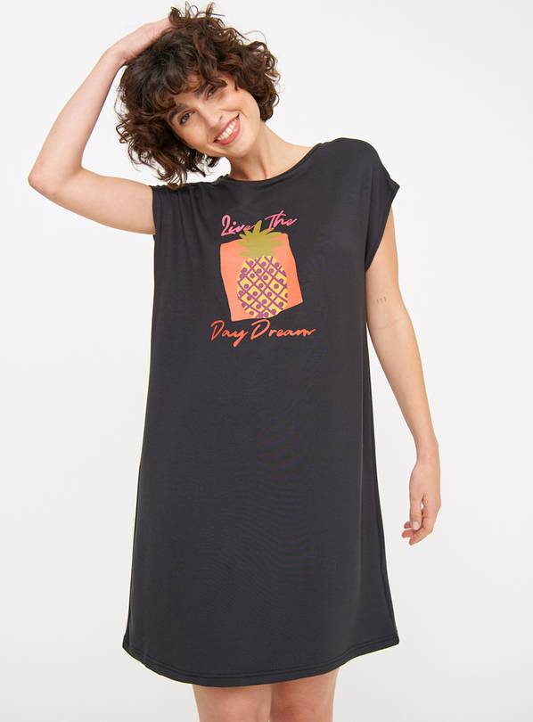 Black Graphic Printed Short Sleeve Nightdress XL