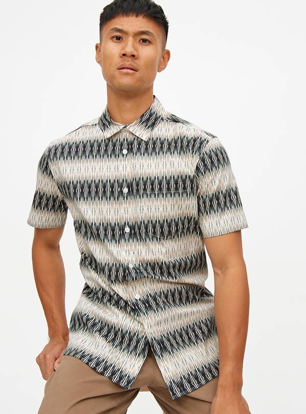 Neutral Ikat Print Slim Fit Short Sleeve Shirt L